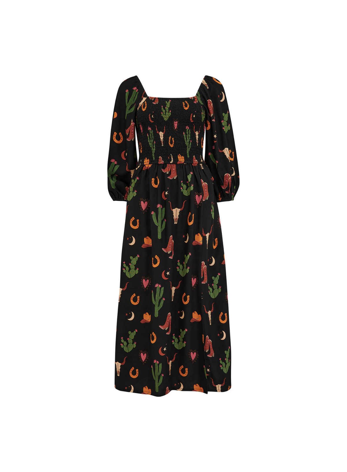 Zinnia Shirred Midi Dress in Black Cowgirl Print from Sugarhill
