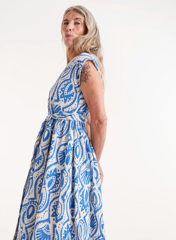 Midi Dress in Light Blue Conversational Print from Compañia Fantastica