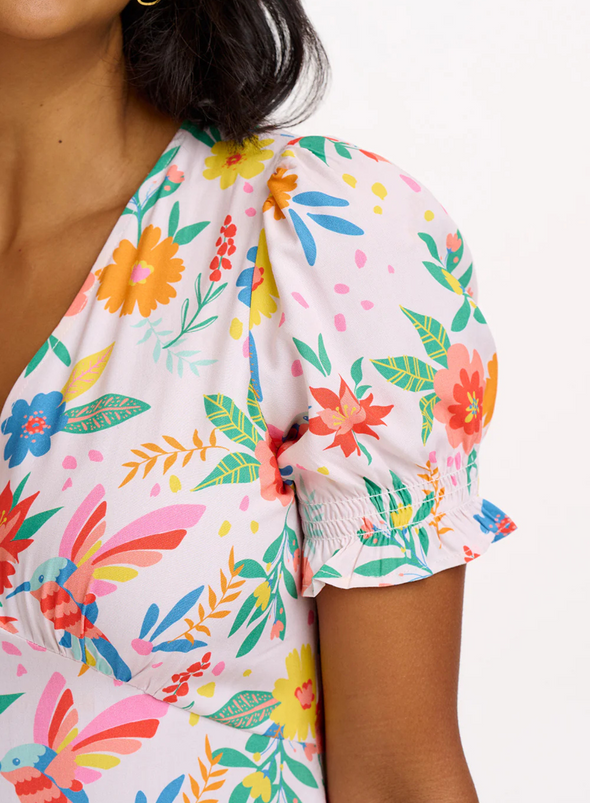 Maryjane Midi Dress in Off-White, Tropical Hummingbird from Sugarhill