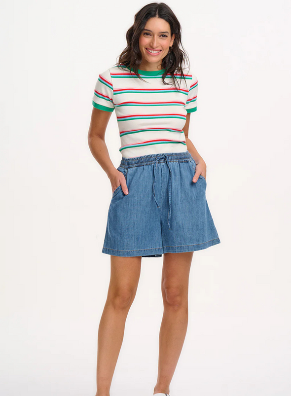 Velda Fitted T-Shirt in Off-White/Multi Retro Stripe from Sugarhill