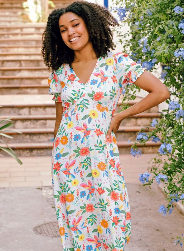 Maryjane Midi Dress in Off-White, Tropical Hummingbird from Sugarhill