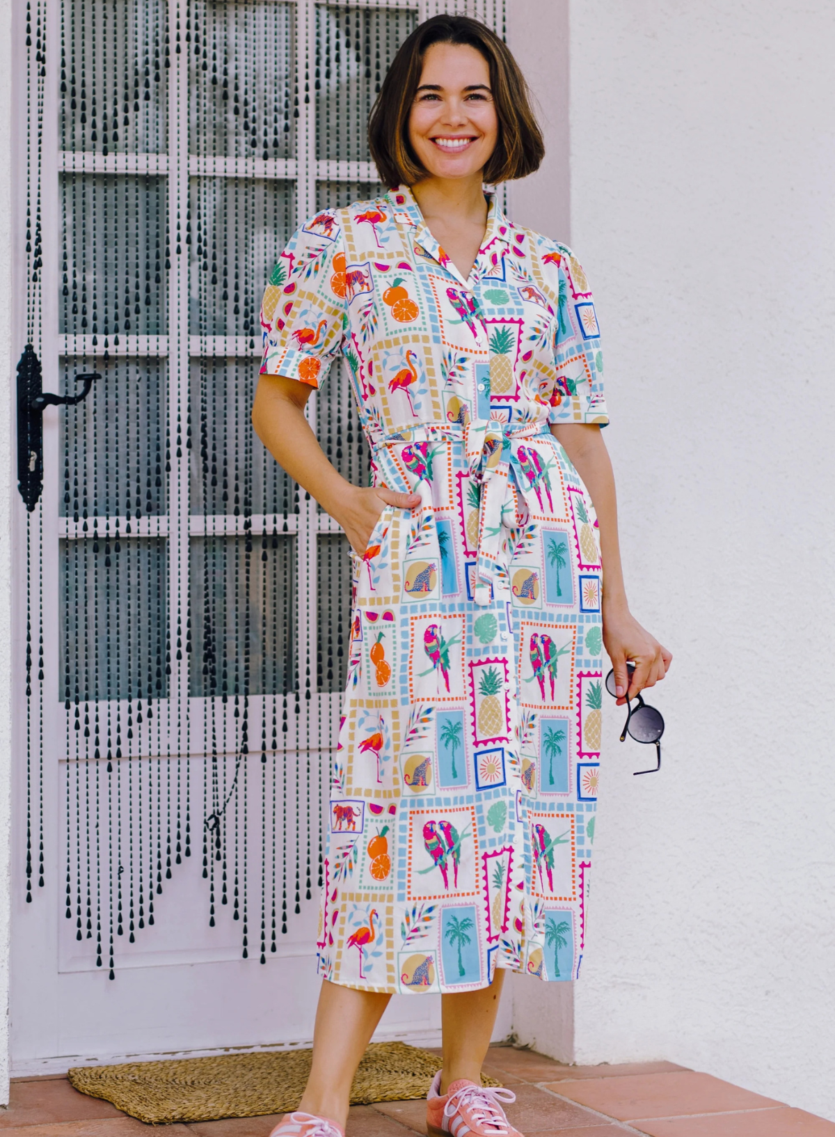 Penelope Midi Shirt Dress in Off-White, Jungle Tile from Sugarhill