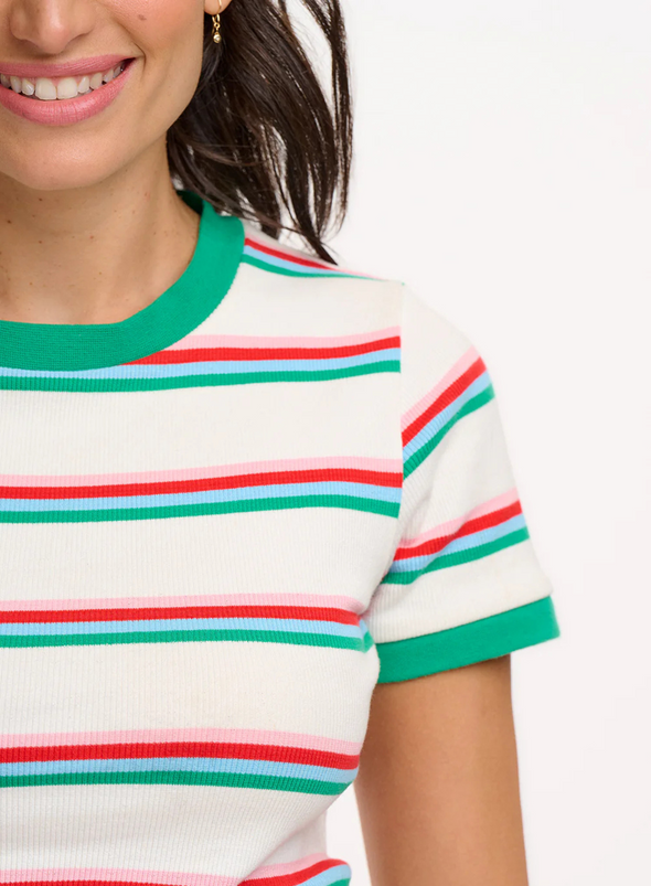 Velda Fitted T-Shirt in Off-White/Multi Retro Stripe from Sugarhill