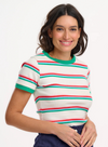 Velda Fitted T-Shirt in Off-White/Multi Retro Stripe from Sugarhill
