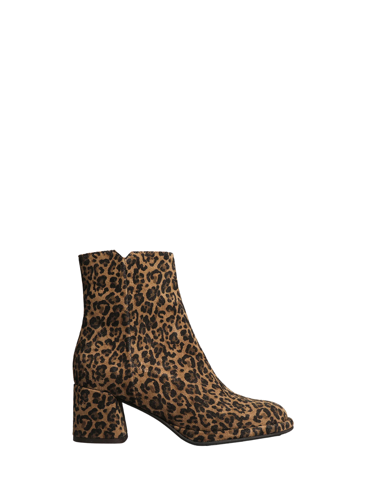 Esska Mona Leopard Print Boots against a white background. Side shot of single leopard print boot showcasing all over pattern and block heel.