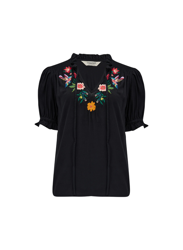 Angelique Shirred Top in Black, Tropical Hummingbird from Sugarhill