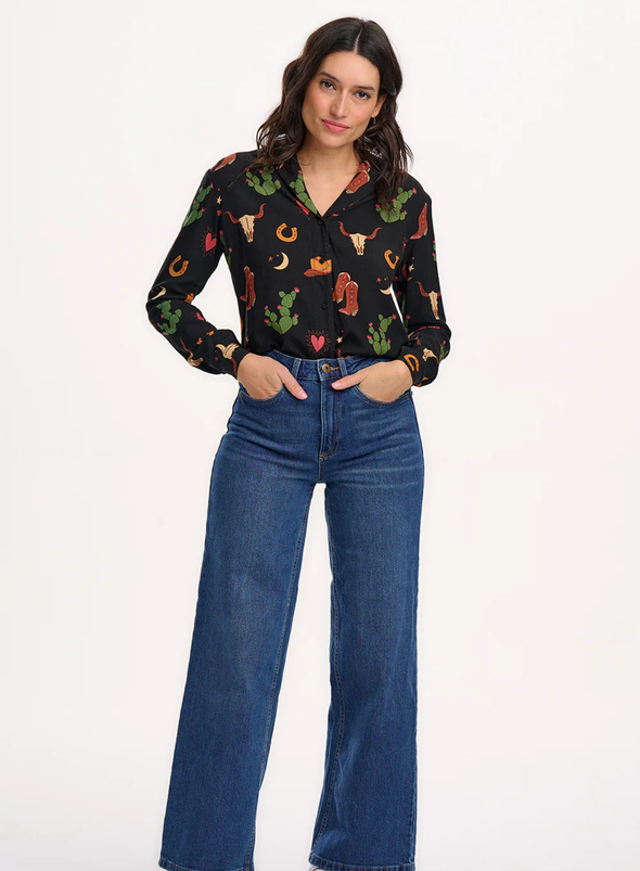 Micah Revere Shirt in Black, Cowgirl Print from Sugarhill