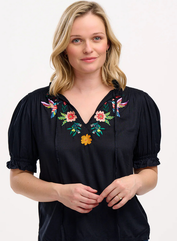 Angelique Shirred Top in Black, Tropical Hummingbird from Sugarhill