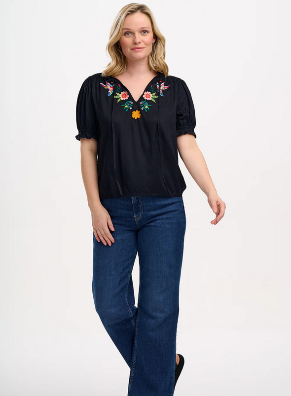 Angelique Shirred Top in Black, Tropical Hummingbird from Sugarhill