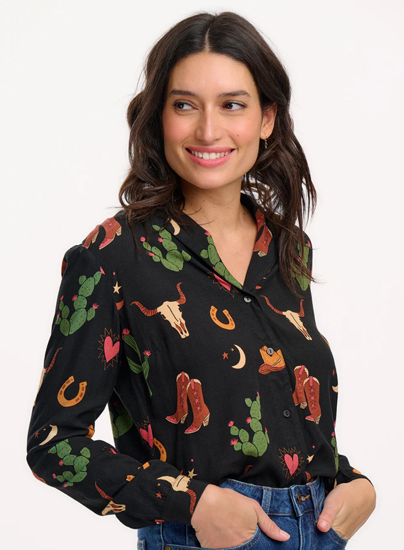 Micah Revere Shirt in Black, Cowgirl Print from Sugarhill