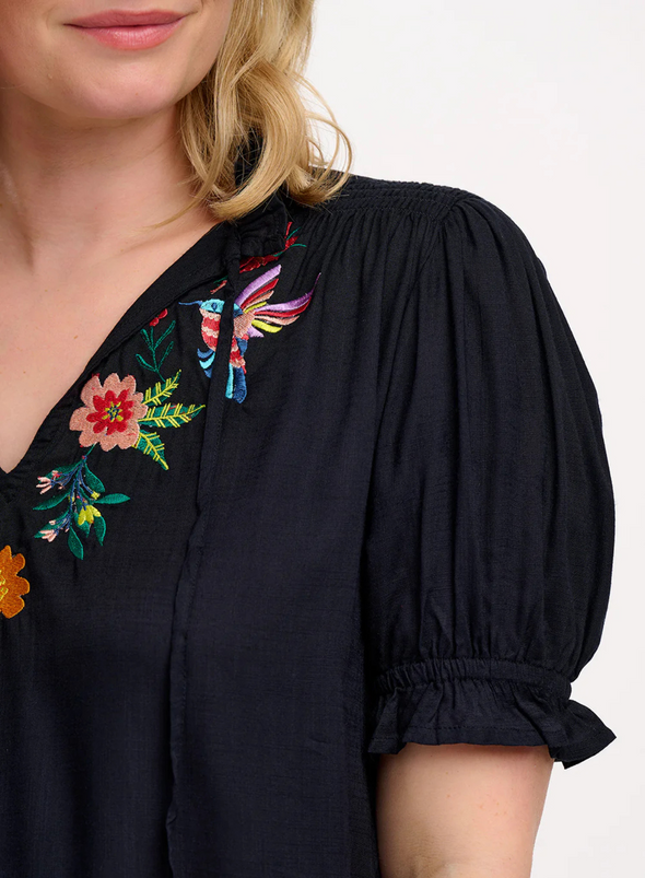 Angelique Shirred Top in Black, Tropical Hummingbird from Sugarhill