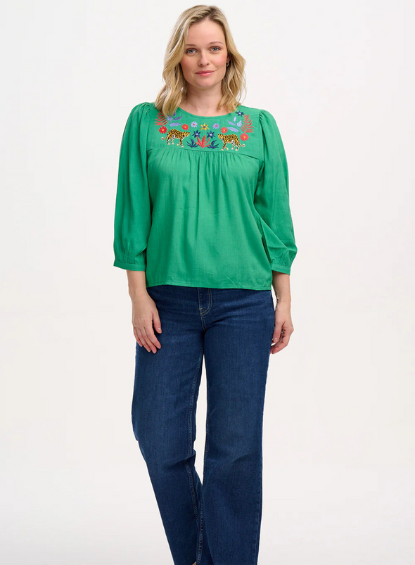 Hyma Top in Green, Leopard Floral from Sugarhill