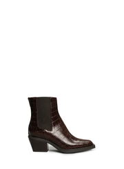 Esska Gillian Dark Brown Embossed Croc Ankle Boots against a white background. Side shot of these Chelsea boots showcases the block heel and embossed crocodile appearance with the elasticated side panel.  