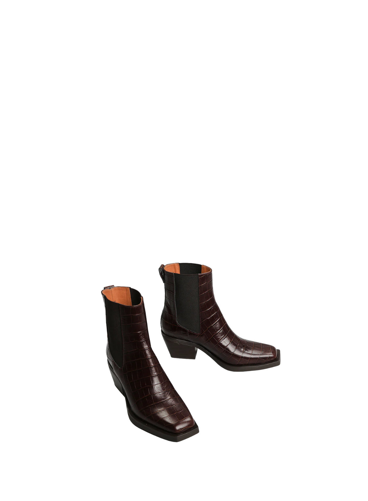Pair of Esska Gillian Dark Brown Embossed Croc Ankle Boots on a white background. Front side shot showcasing the square toe shape of these block heel boots.
