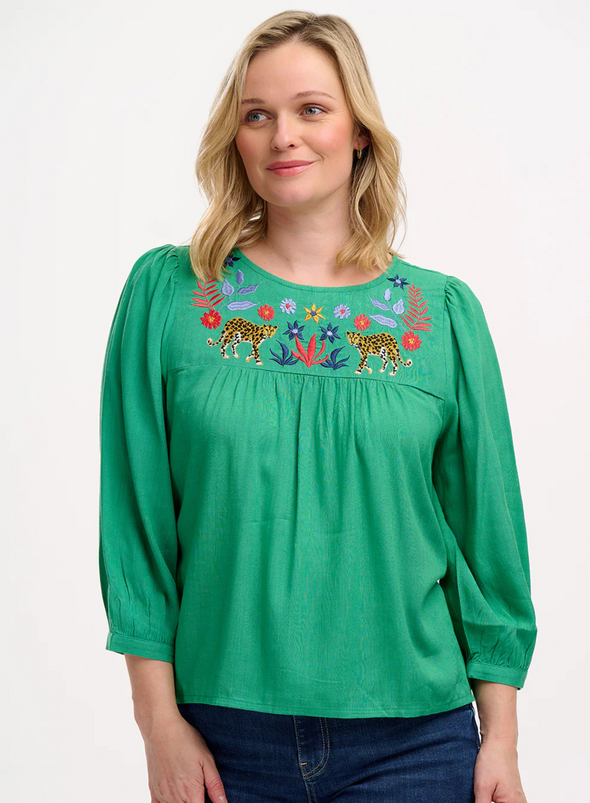 Hyma Top in Green, Leopard Floral from Sugarhill