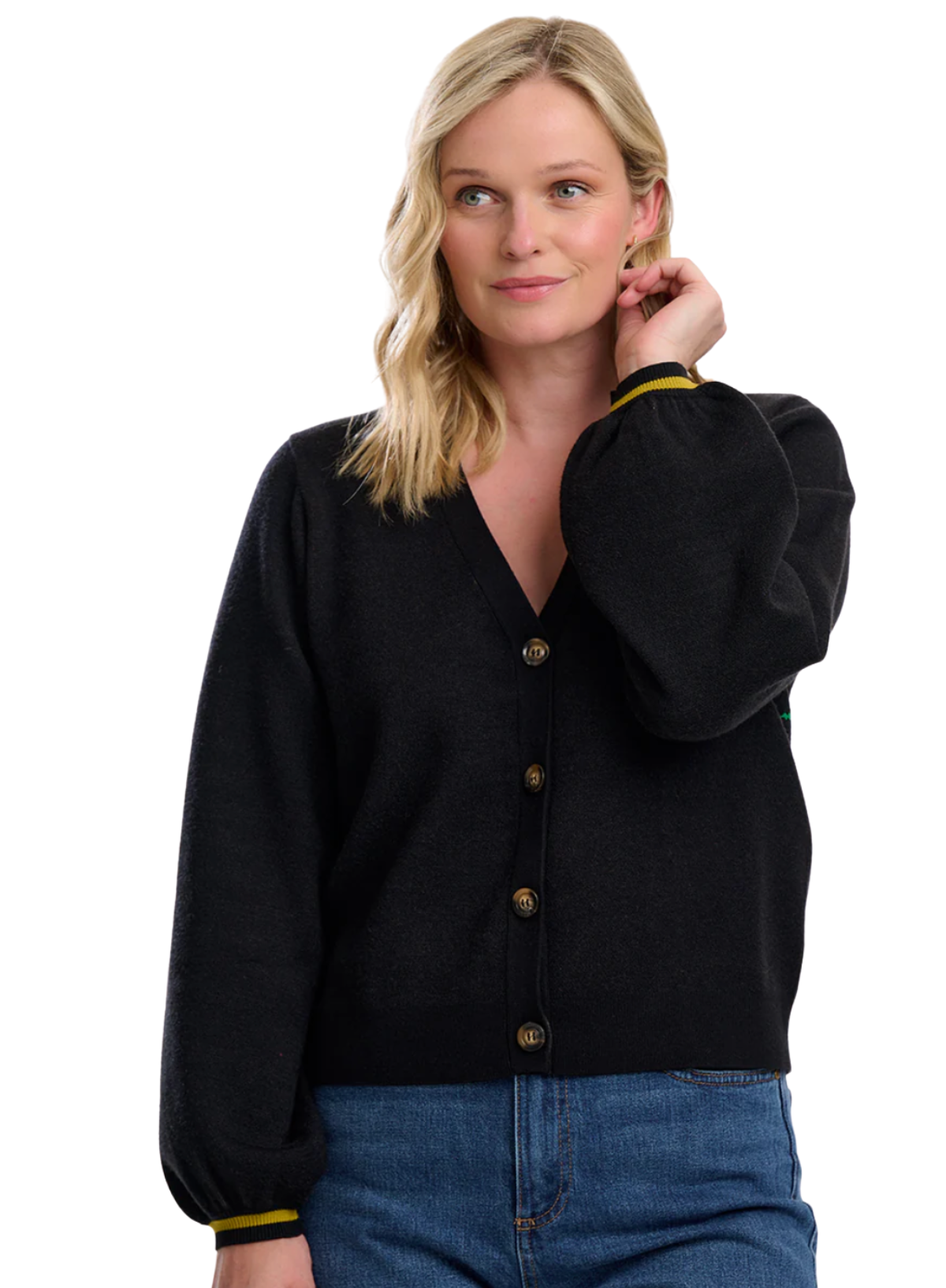 Woman wearing the Sugarhill Brighton Adrian Black Snake Floral Cardigan on a white background