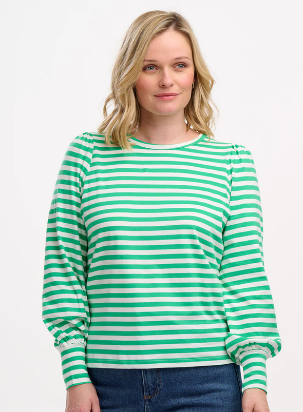 Griselda Jersey Top in Green/Off-White Stripe from Sugarhill