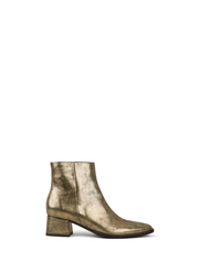 Esska Luka Gold Ankle Boots on a white background. Side shot of single block heel boot showcasing metallic finish.