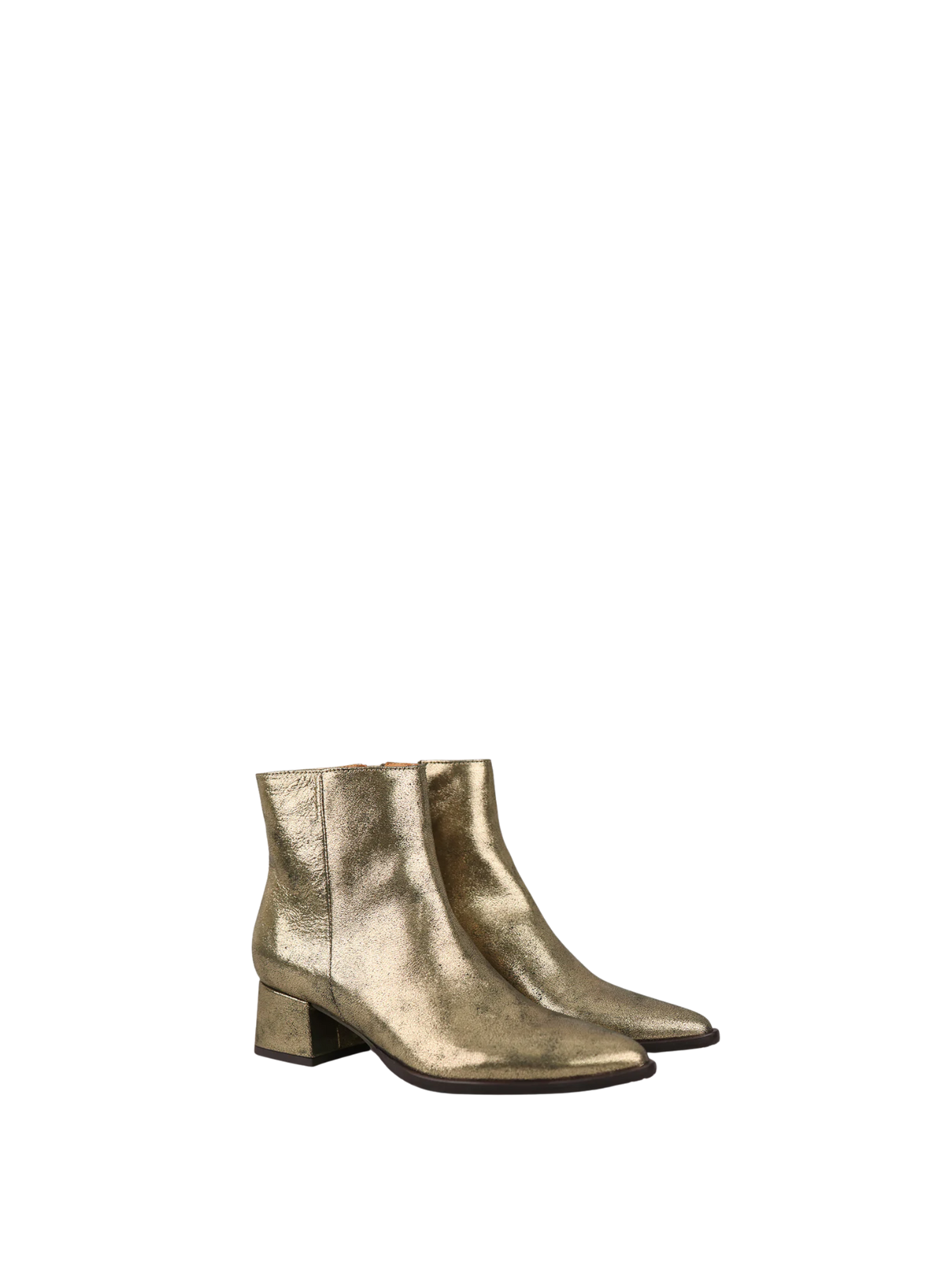 Pair of Esska Luka Gold Ankle Boots against a white background. Side front shot showcasing block heel and pointed toe shape.