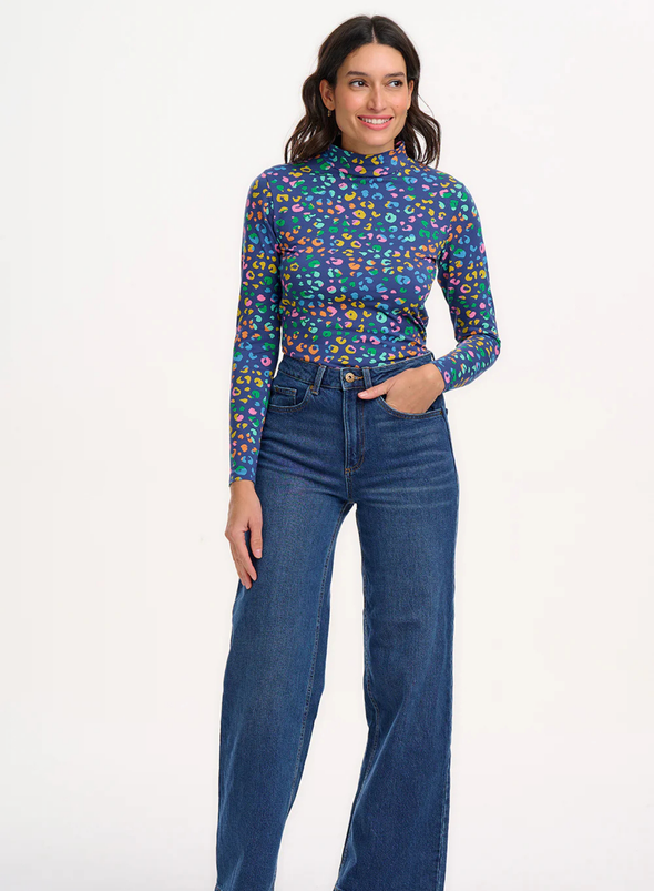 Annika Jersey Top in Bright Navy, Mottled Leopard from Sugarhill