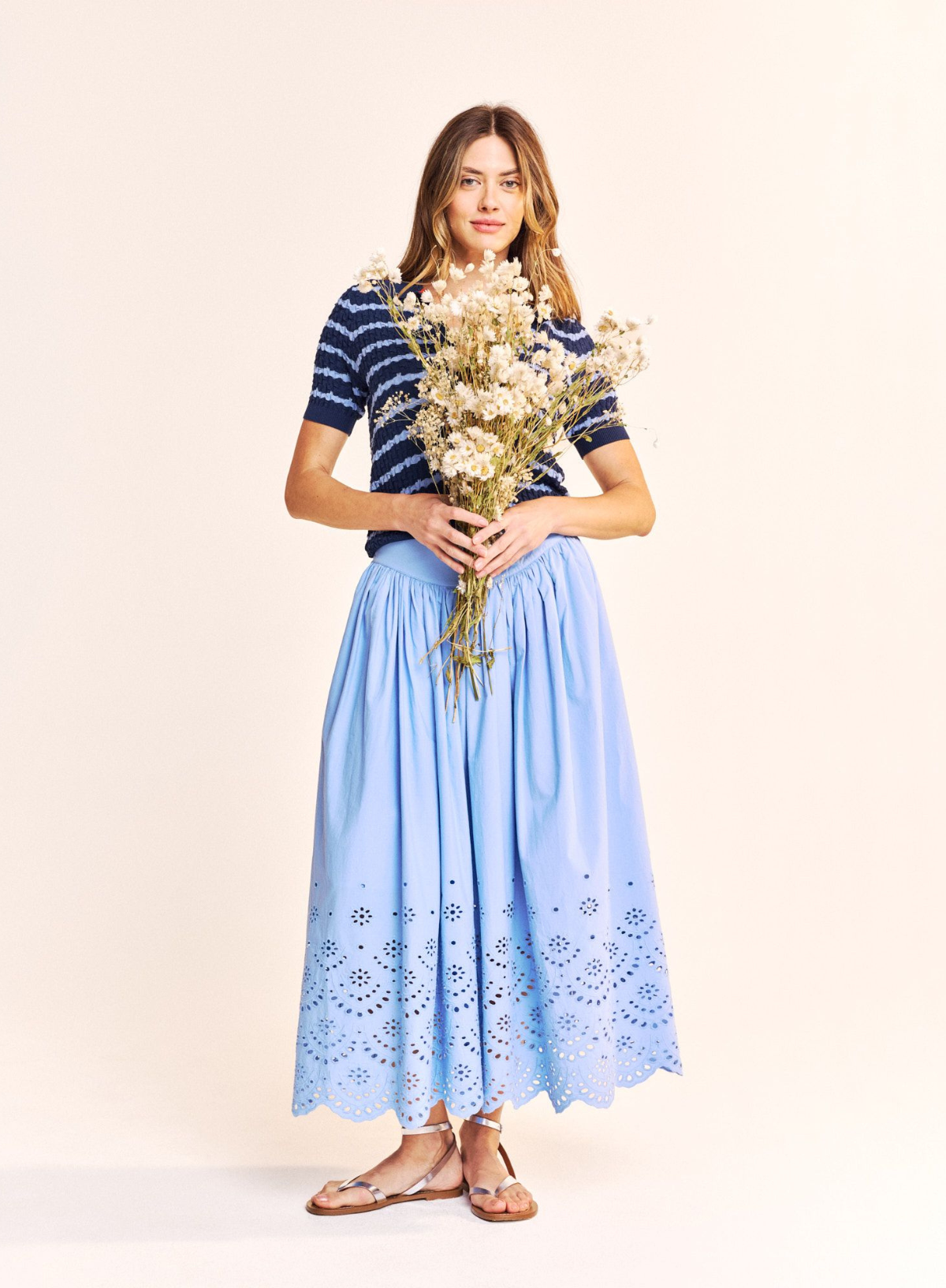 Solvang Broderie Border Maxi Skirt in Cornflower Blue from One Collective