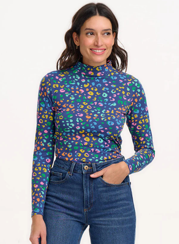 Annika Jersey Top in Bright Navy, Mottled Leopard from Sugarhill
