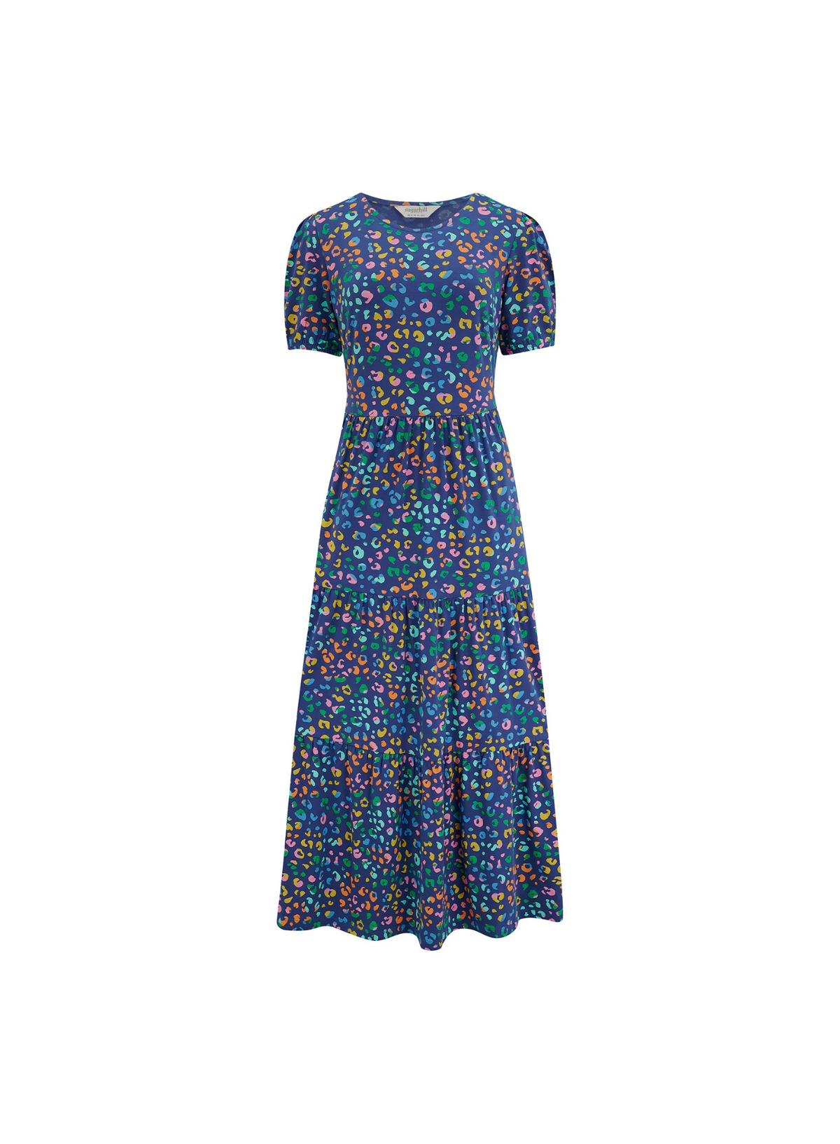 Minerva Jersey Tiered Midi Dress in Bright Navy Mottled Leopard from Sugarhill