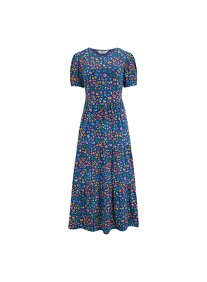 Minerva Jersey Tiered Midi Dress in Bright Navy Mottled Leopard from Sugarhill