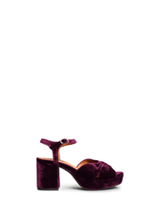 Esska Chilli Aubergine Velvet Heels against a white background. Side shot of single shoe showcasing the block heel.
