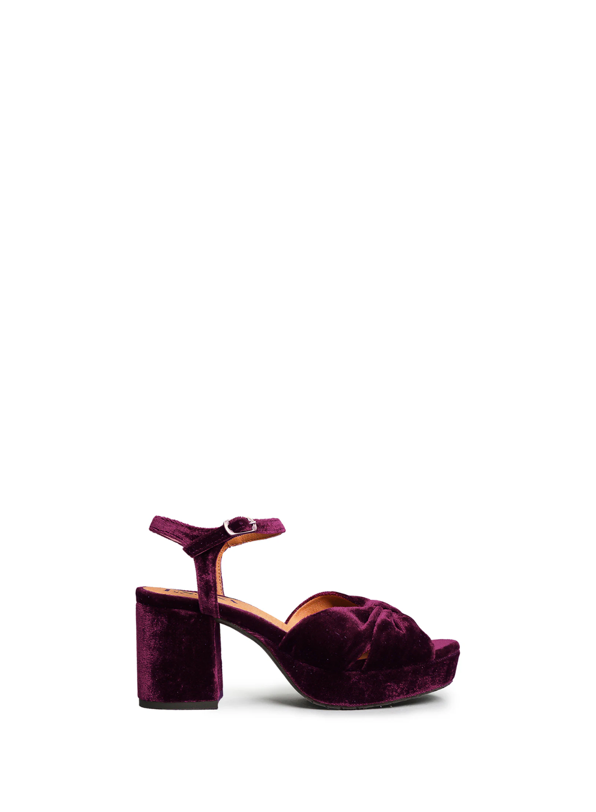 Esska Chilli Aubergine Velvet Heels against a white background. Side shot of single shoe showcasing the block heel.