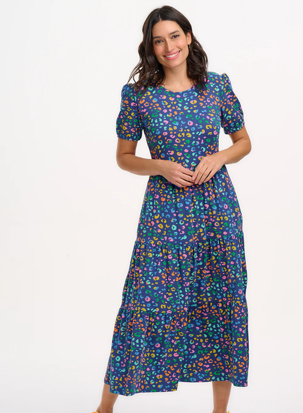 Minerva Jersey Tiered Midi Dress in Bright Navy Mottled Leopard from Sugarhill