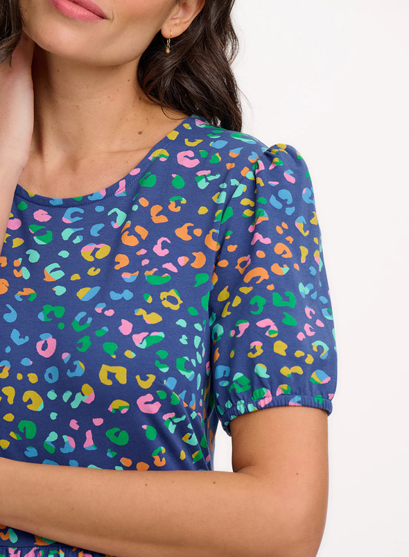 Minerva Jersey Tiered Midi Dress in Bright Navy Mottled Leopard from Sugarhill