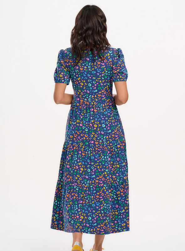 Minerva Jersey Tiered Midi Dress in Bright Navy Mottled Leopard from Sugarhill