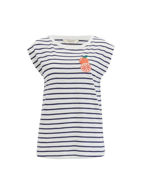 Chrissy Relaxed Tank T-Shirt in Off-White/Navy Fruity Orange from Sugarhill