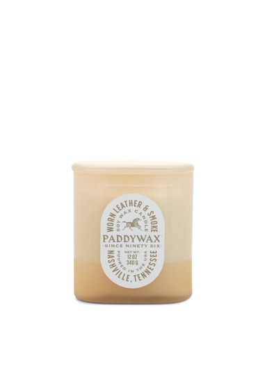 Vista Glass Candle Tan in Worn Leather & Smoke 12oz from Paddywax