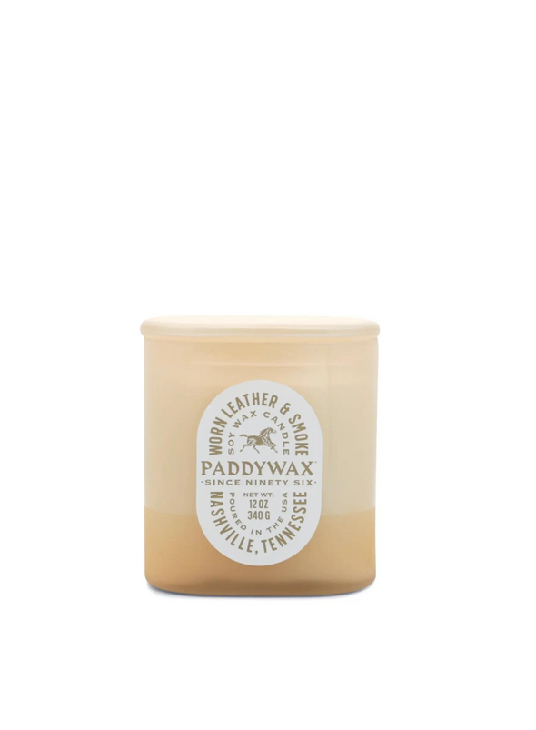 Vista Glass Candle Tan in Worn Leather & Smoke 12oz from Paddywax