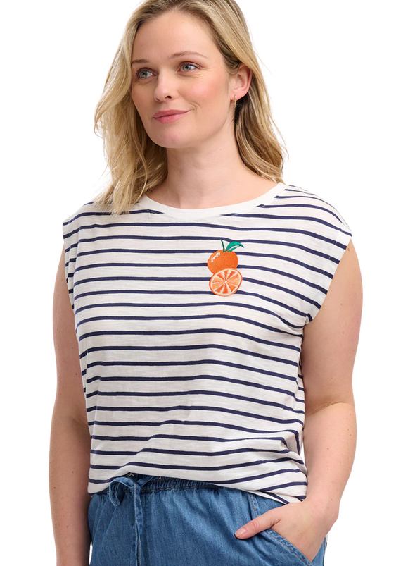 Chrissy Relaxed Tank T-Shirt in Off-White/Navy Fruity Orange from Sugarhill