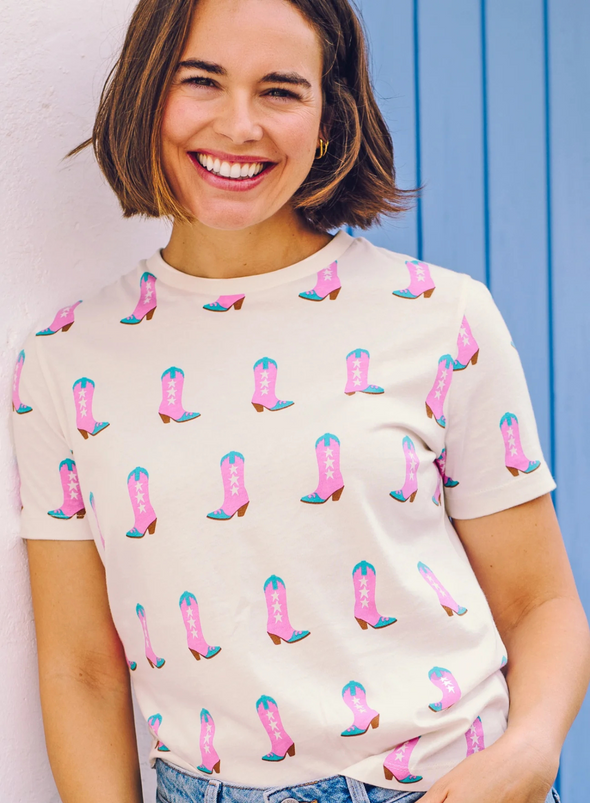 Maggie T-Shirt in Off-White, Cowgirl Boots from Sugarhill