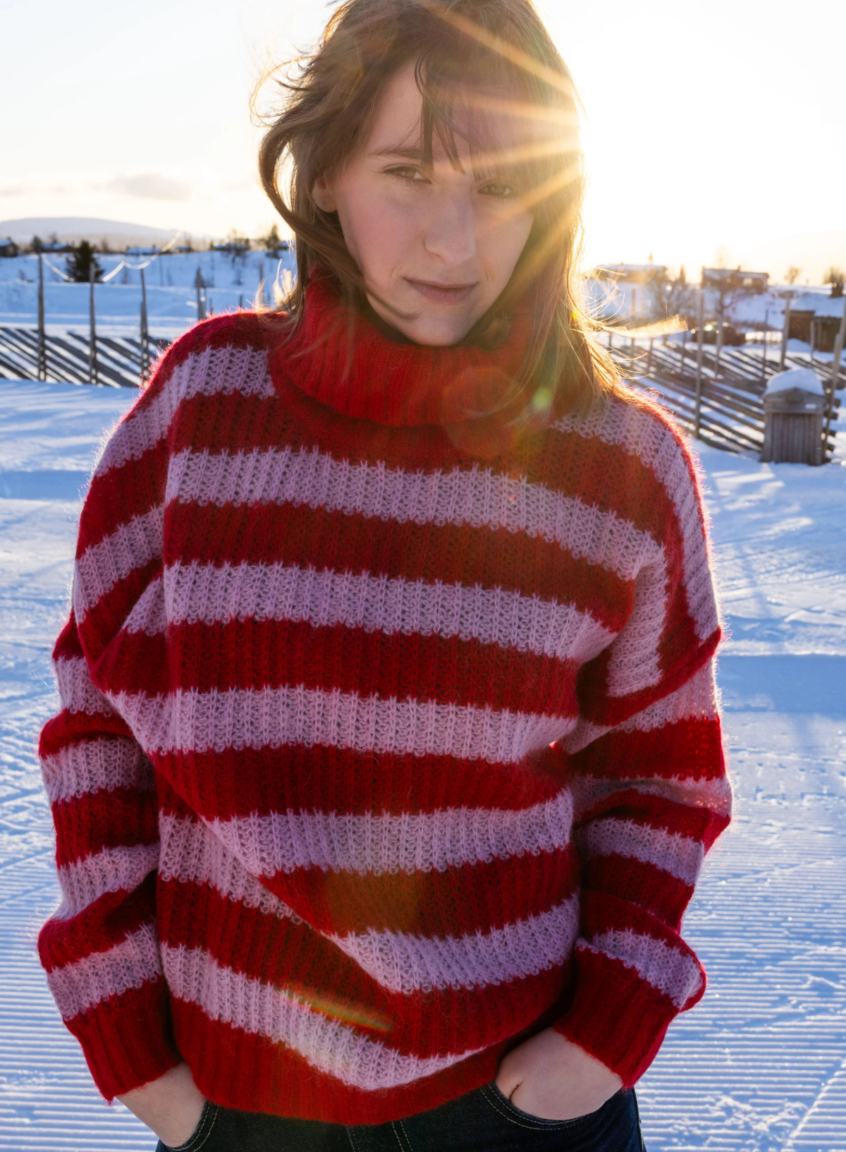 Danefae Dane Caring Mohair Rollneck Sweater in Dark Red & Cold Pink