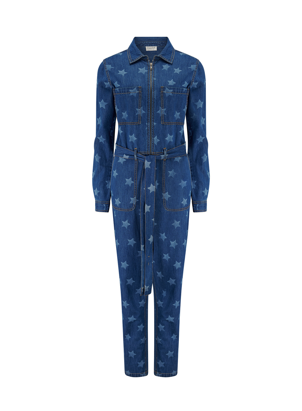 Anwen Boilersuit in Mid Blue Denim, Bleached Stars from Sugarhill