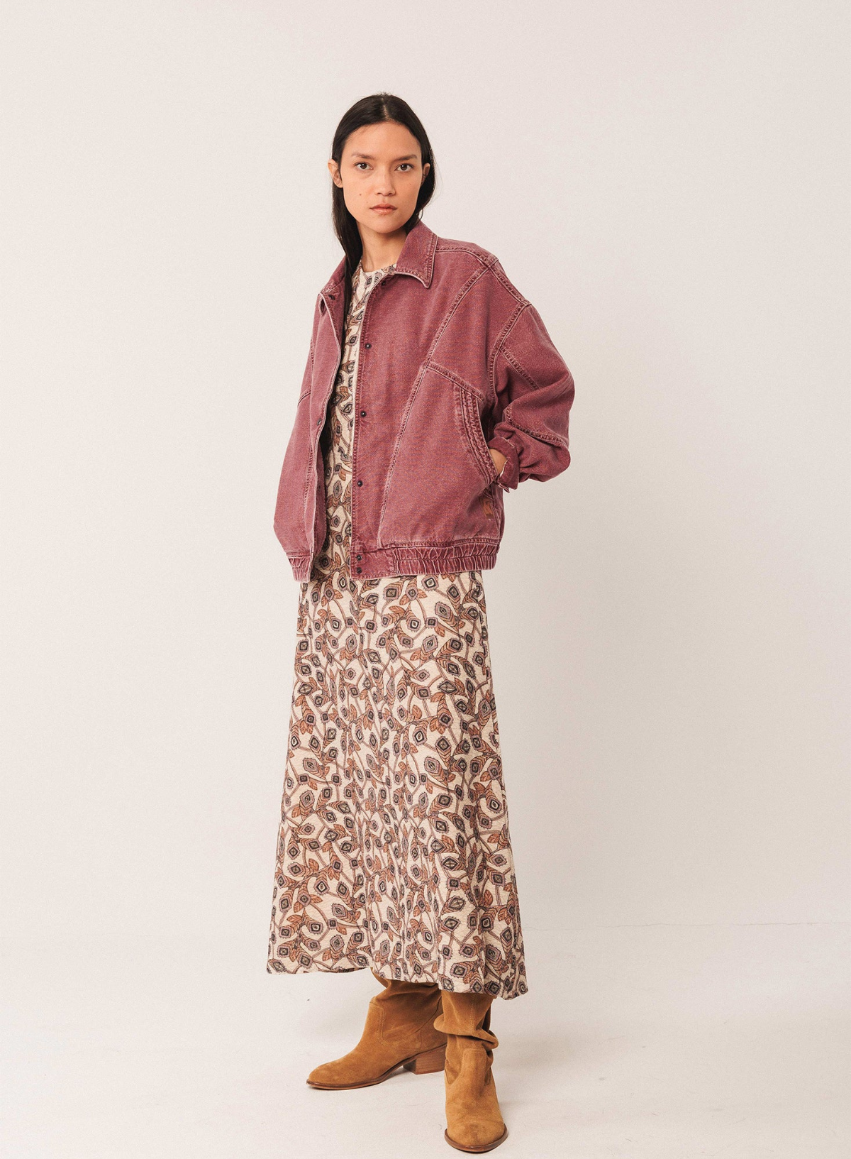Denim Bomber Jacket in Washed Red from Indi & Cold