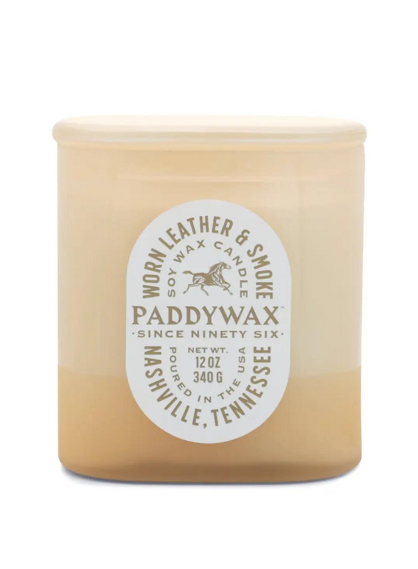 Vista Glass Candle Tan in Worn Leather & Smoke 12oz from Paddywax