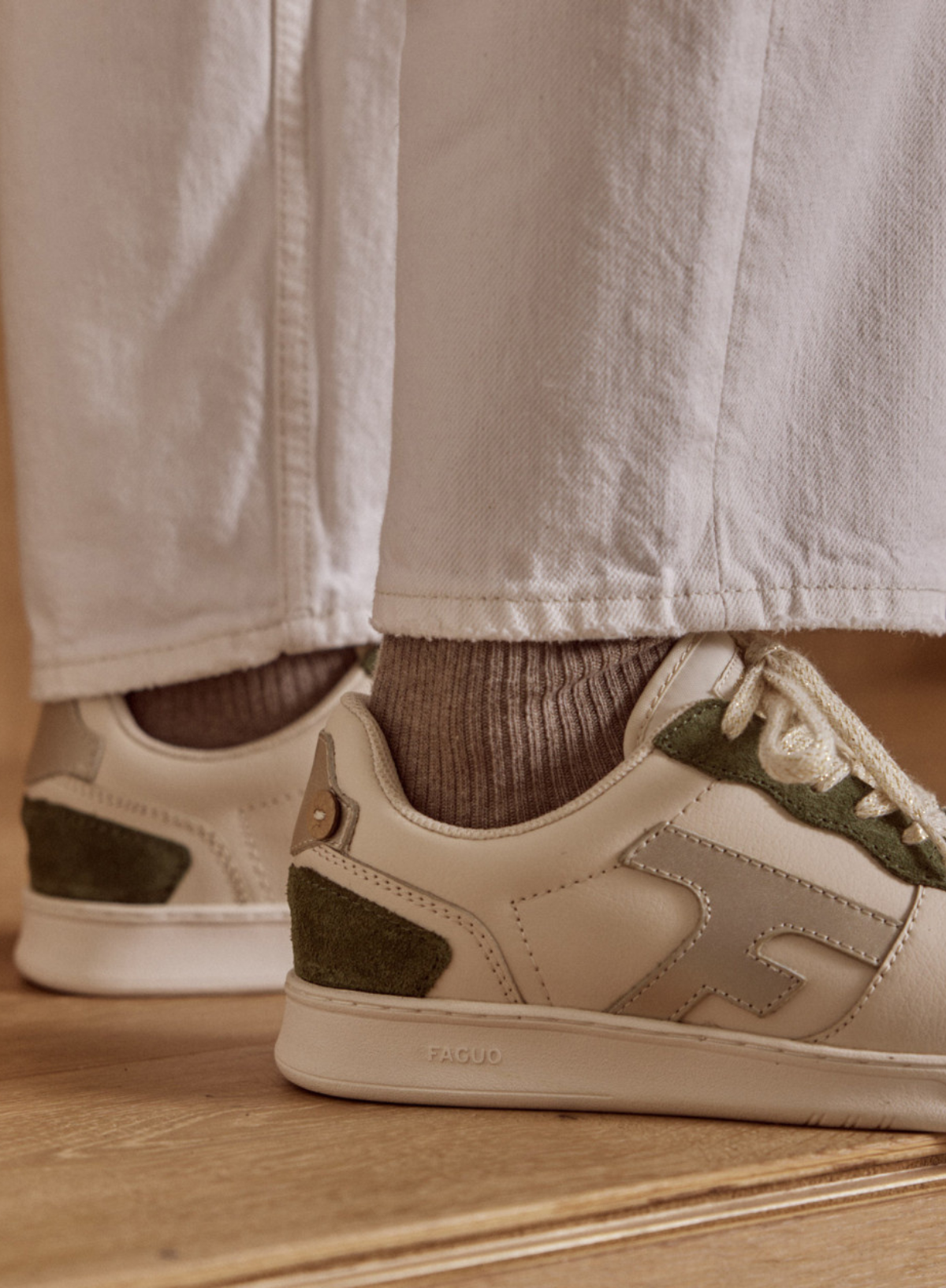 Hazel Baskets Leather Trainers in Kaki from Faguo