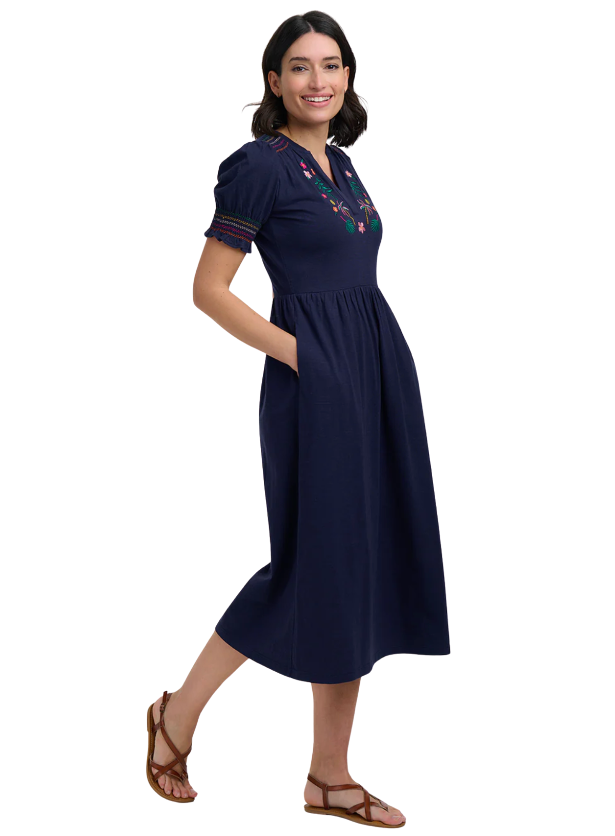 Sugarhill Esme Jersey Midi Dress Navy, Tropic Palm Embroidery