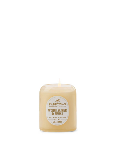 Vista Glass Candle Tan in Worn Leather & Smoke 5oz from Paddywax