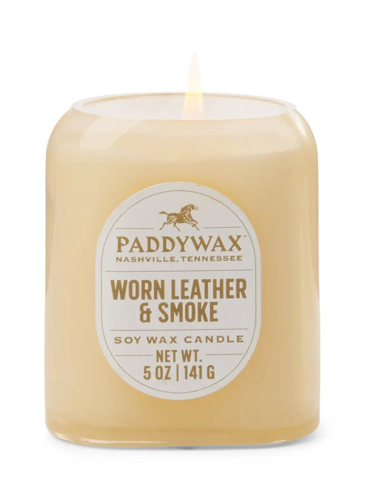 Vista Glass Candle Tan in Worn Leather & Smoke 5oz from Paddywax