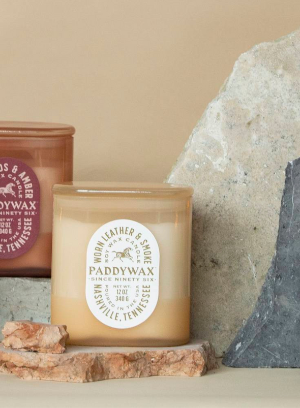 Vista Glass Candle Tan in Worn Leather & Smoke 12oz from Paddywax