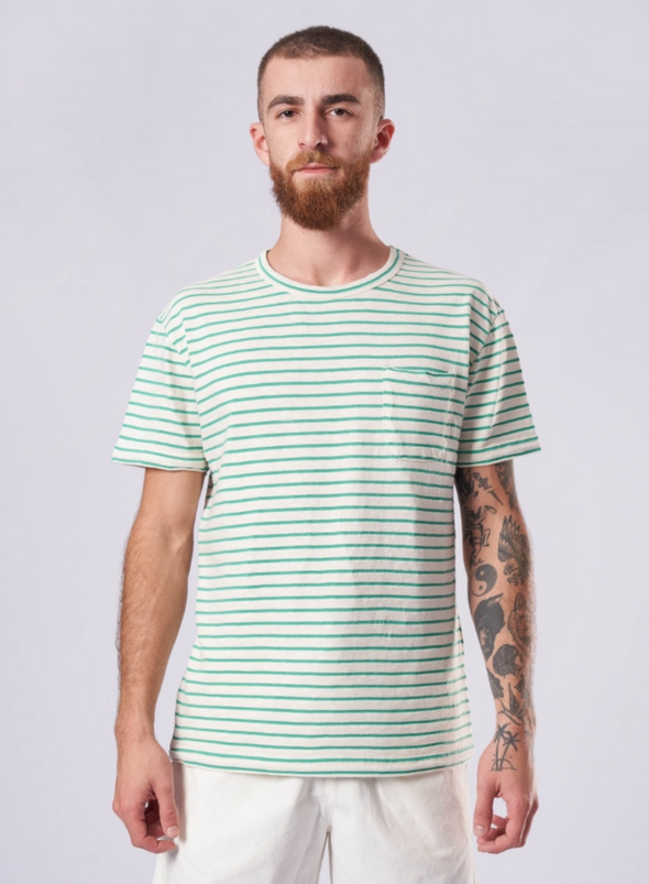 Pocket T-Shirt in Off White/Gumdrop Green Stripes from La Paz