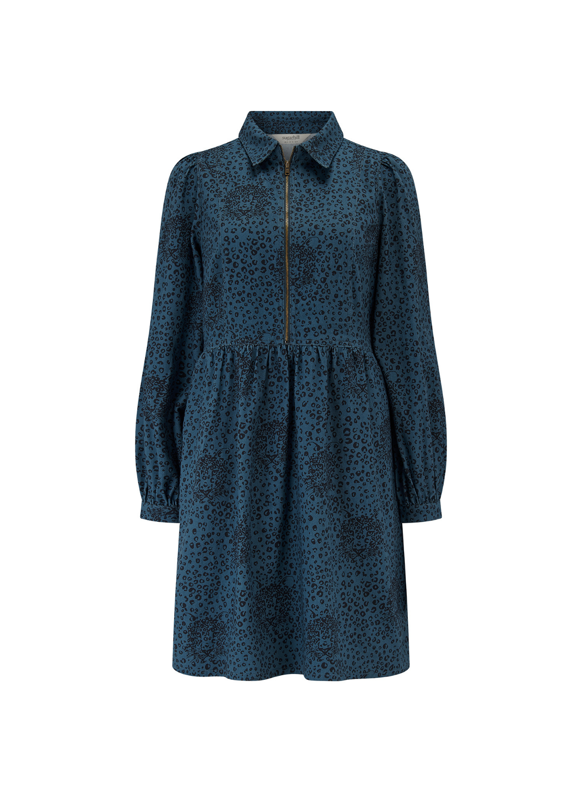 Sugarhill Brighton Karen Mini Smock Dress in Petrol Navy, Hidden Leopard