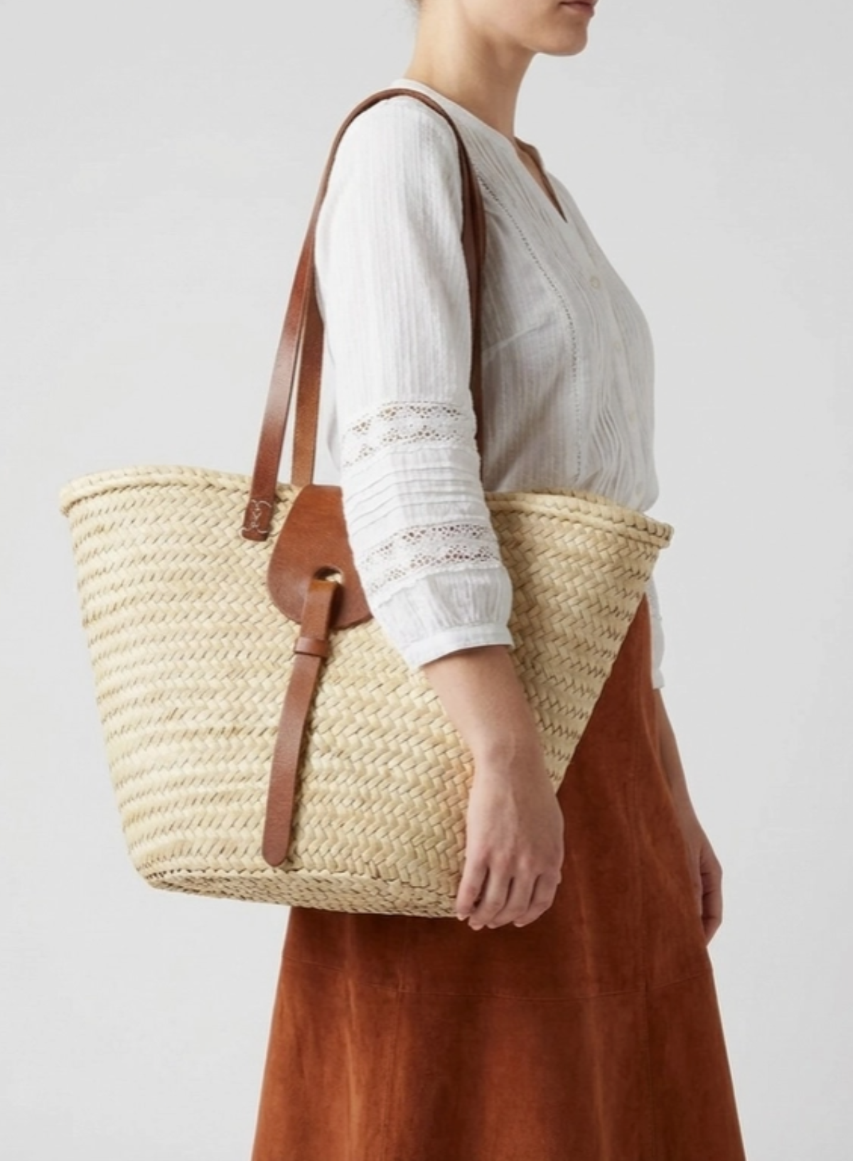 Melecraft French Market Basket Straw Tote with Leather Handles Summer